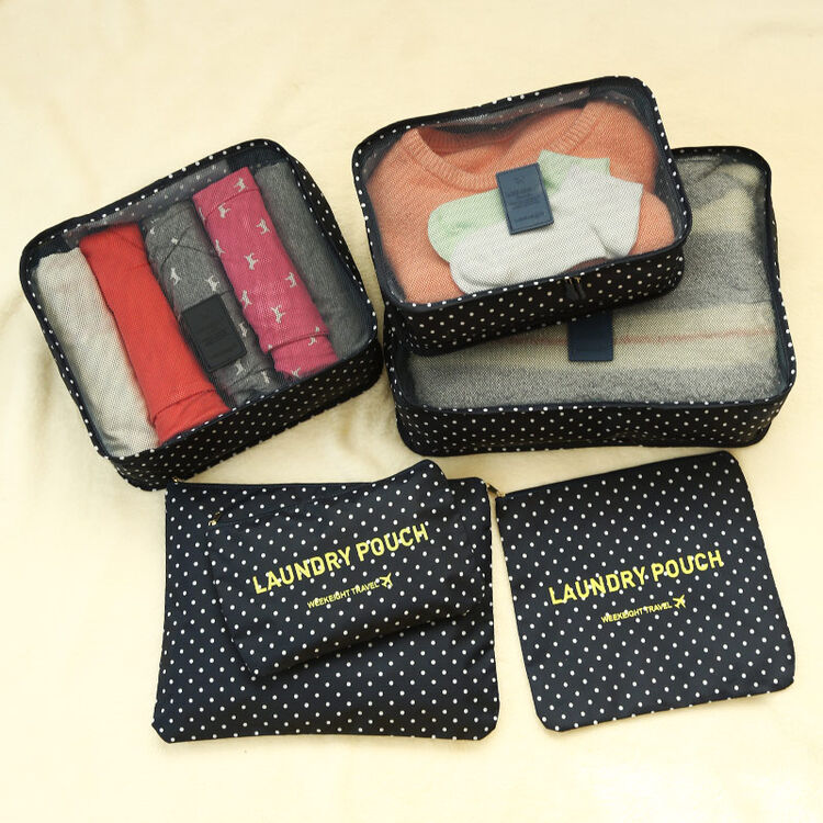 衣物整理袋防水 旅游衣服收纳包便携 旅行收纳袋套装 藏蓝波点