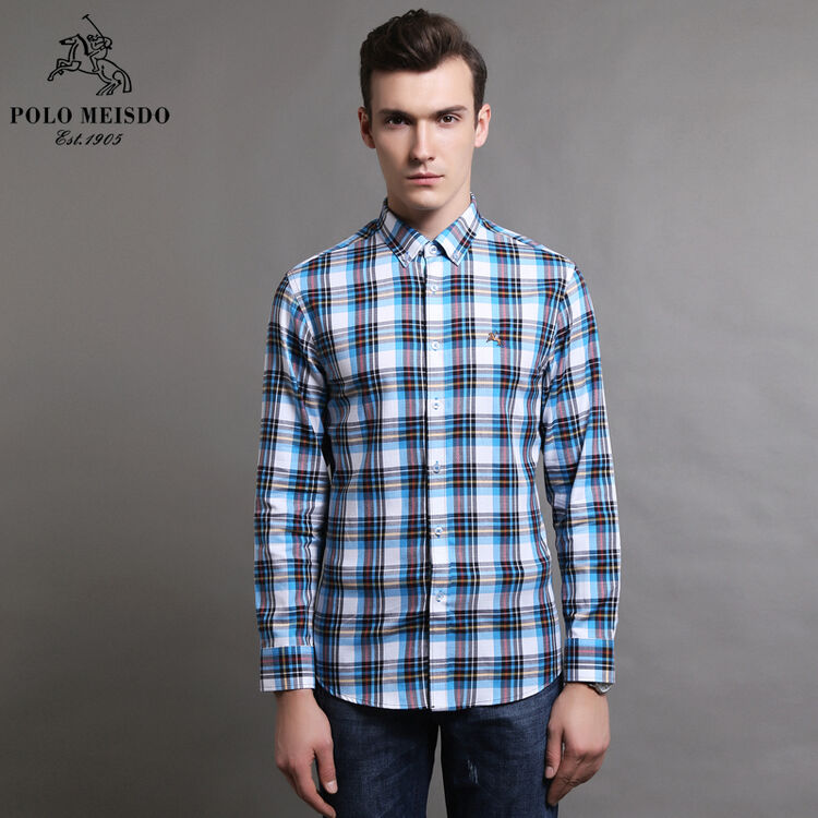 英国保罗polomeisdo夏装新品男士长袖衬休闲英伦格子衬衣 浅蓝