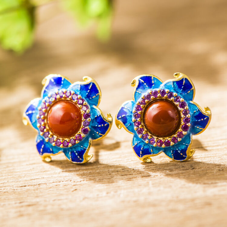 贵人和 景泰蓝工艺耳钉女 中国风耳饰 款一