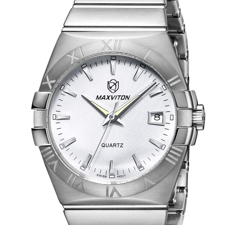 玛斯威顿(maxviton)男士手表钢带镶钻星座时尚潮流时装防水夜光蓝宝石