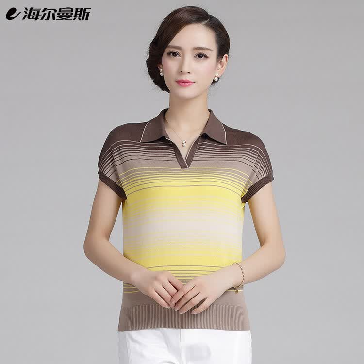海尔曼斯夏新款女装桑蚕丝真丝短袖针织衫t恤衫上衣v领包邮偏短款式