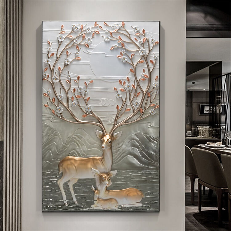 竖版玄关装饰画客厅壁画单幅立体浮雕画走廊过道挂画福鹿 红叶鹿家 82