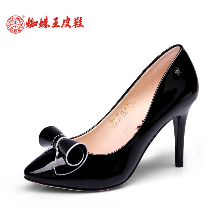 蜘蛛王女鞋细跟春款尖头蝴蝶结女士单鞋超高跟浅口鞋23000 黑色 38