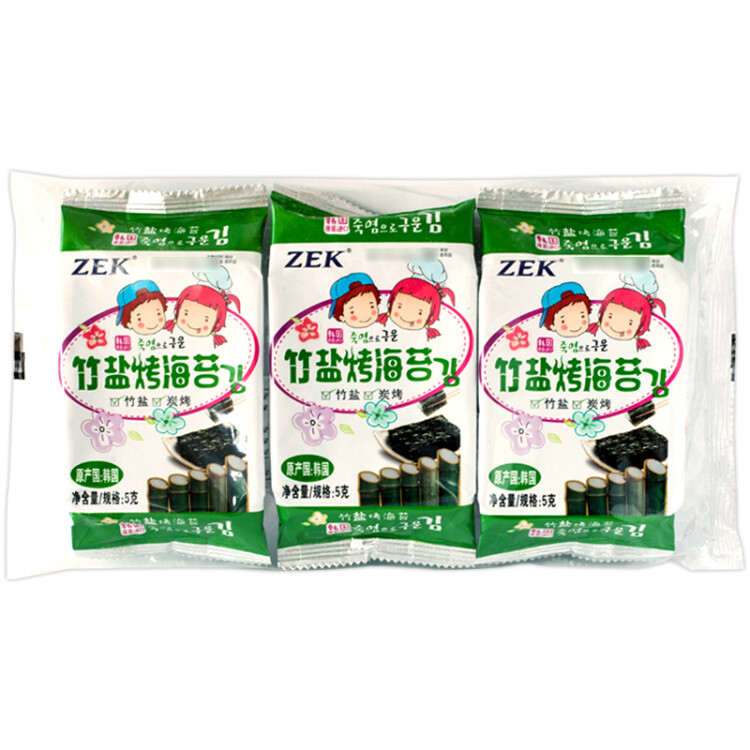 Zek韩国进口 竹盐海苔紫菜包饭寿司即食烤海苔 儿童零食 5g*3包 光明服务菜管家商品