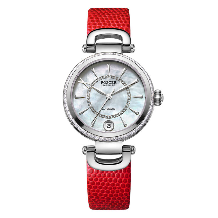 宝时捷表poscer 女士手表全自动机械表真皮带防水蓝宝石镜面女表 6092