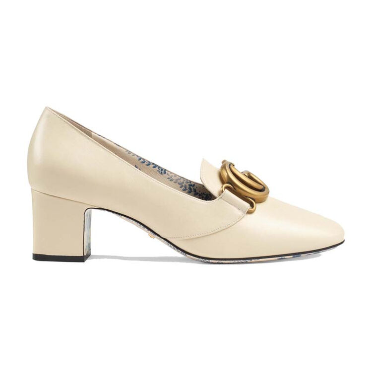 gucci古奇女鞋高跟鞋金属双g印花衬里复古白色皮革 35.