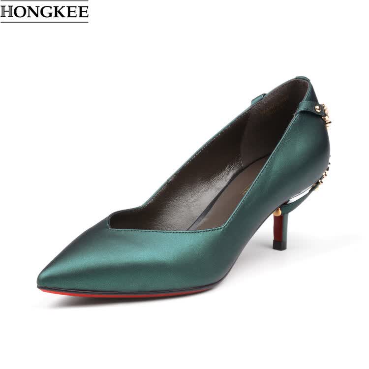 hongkee/红科2016秋款纯色牛皮细跟交叉绑带装饰中跟女鞋女单鞋ha86s