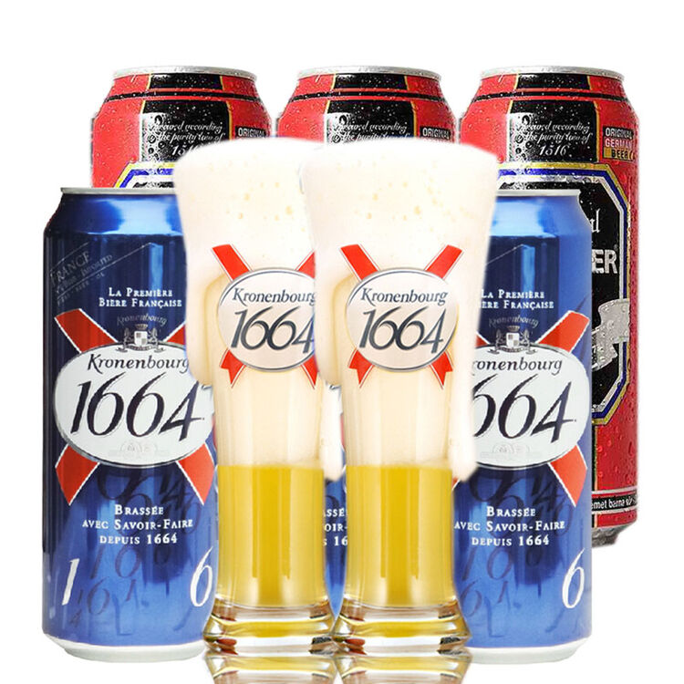 原装进口啤酒 1664啤酒套餐组合 3瓶奥丁格黑 3瓶1664啤酒 2个1664杯