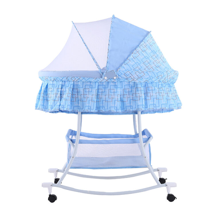 婴儿摇篮床多功能宝宝摇床带轮子摇篮车 天蓝色条格