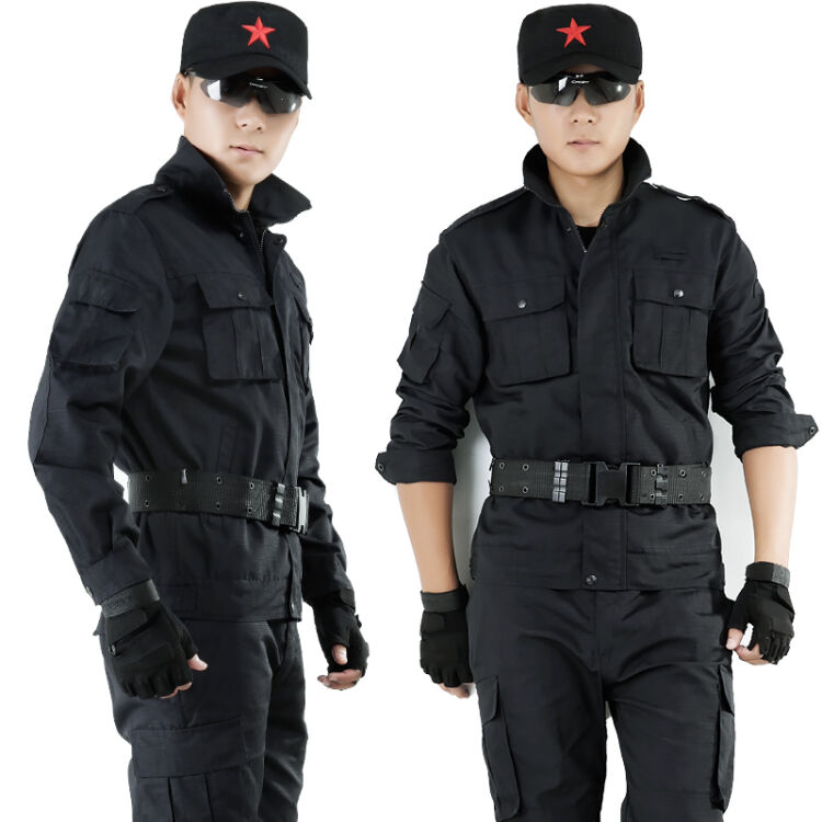 盾郎长袖保安服作训服特勤服套装男特种兵黑色格子布服装 黑色 160