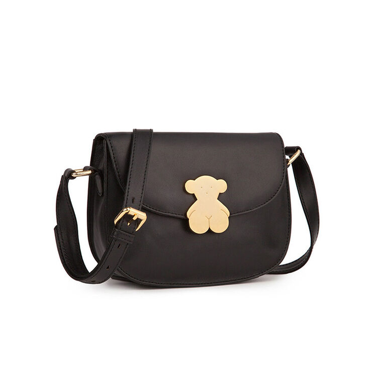 tous(淘气小熊)经典气质女士黑色牛皮收集手袋温迪m.磁纽扣单肩斜挎包