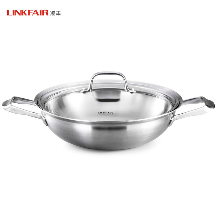凌丰304不锈钢五层钢炒锅菜锅少油烟无涂层双耳32cm电磁通用正品