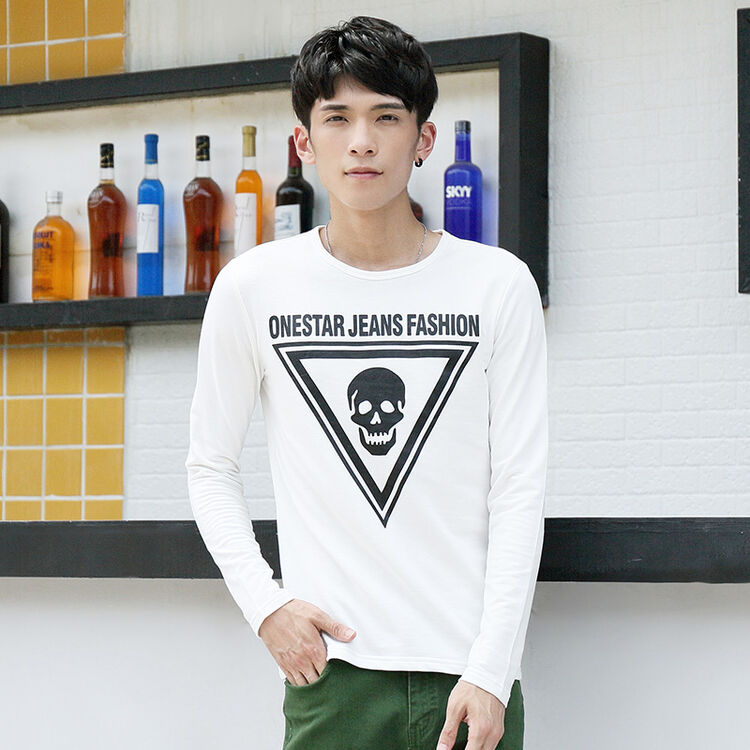 潮流前线2016秋季男士字母印花骷髅图案修身打底衫圆领长袖 t恤男