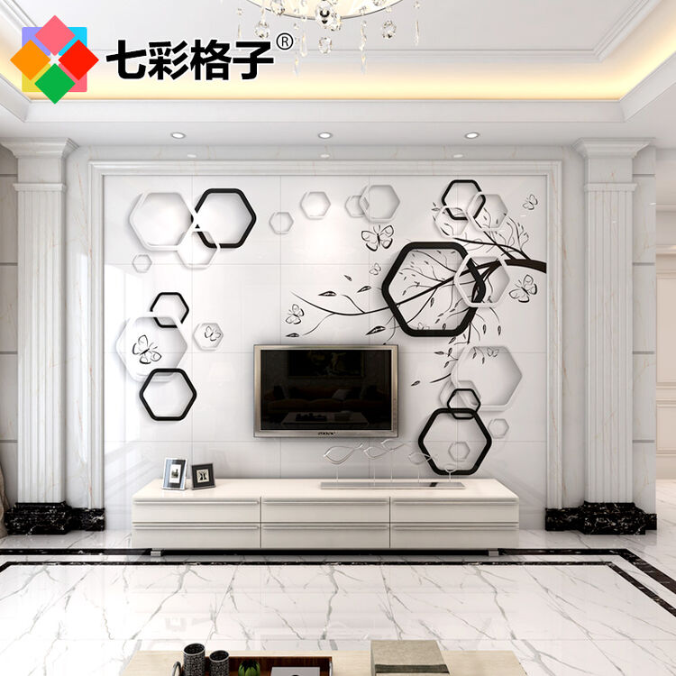 七彩格子 瓷砖背景墙 文化石现代简约客厅电视艺术陶瓷雕刻画 恋花