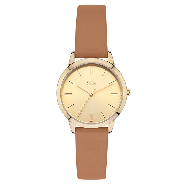 英伦风暴(storm)手表 经典系列女表金盘棕色皮革表带石英表netty gold