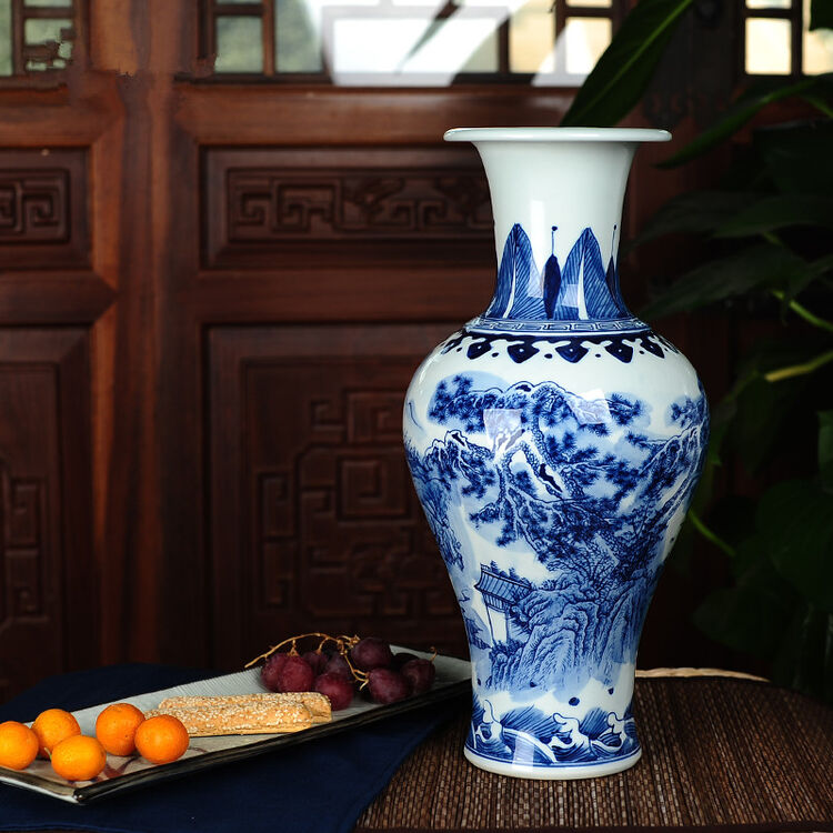 (2件8折)景烨新中式家装家居凤尾瓶客厅餐桌青花瓷花瓶 花瓶 底座