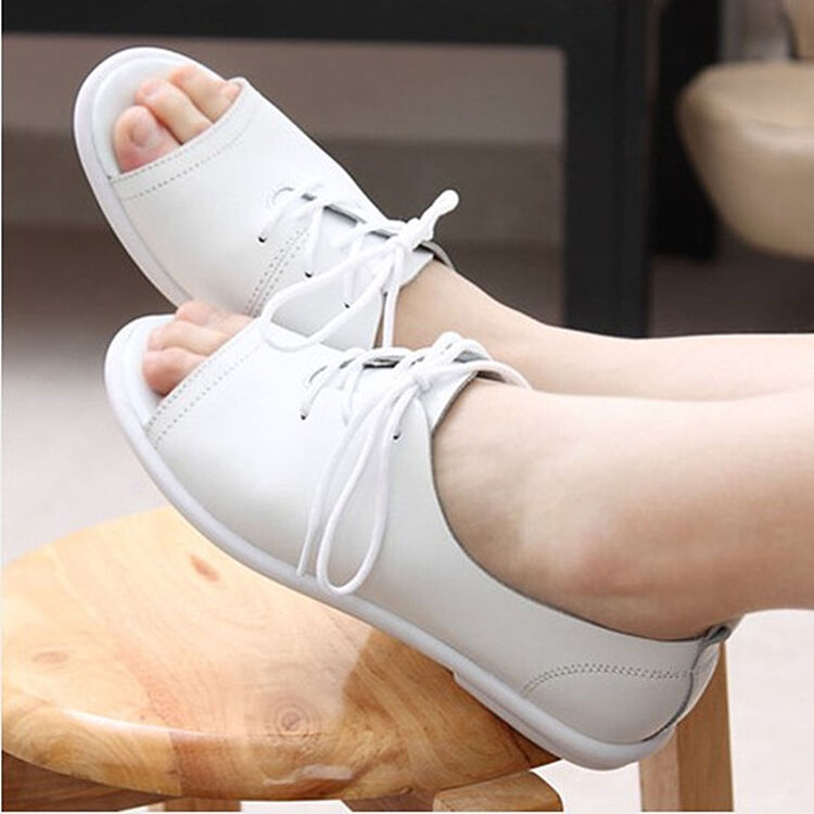 zengr珍格夏季新款露趾平跟鱼嘴鞋平底鞋休闲小白鞋学生护士孕妇鞋女