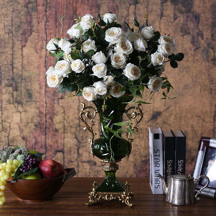 原野仿真花逼真原野花艺多头玫瑰混搭青色花瓶书房客厅摆放装饰花