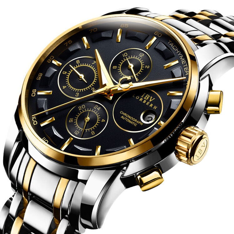 【男女款可选】路宝(ibv) 男士手表机械表 多功能钢带三眼运动全自动