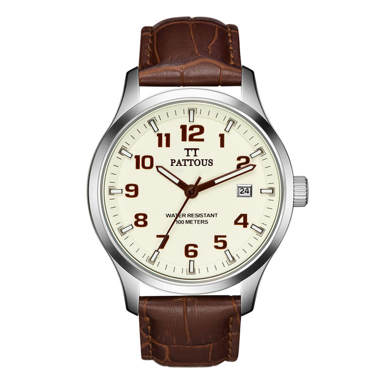 百陀士(pattous)都市系列男士手表夜光100米防水牛皮表带石英男表