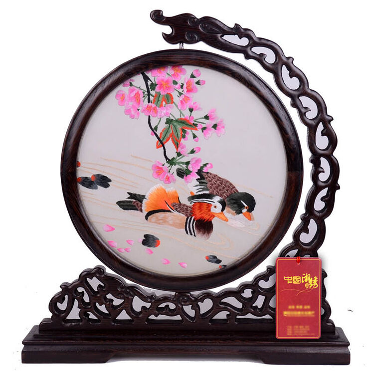 紫御湘绣双面绣座屏手工绣鸳鸯戏水婚房布置装饰品结婚吉祥礼物