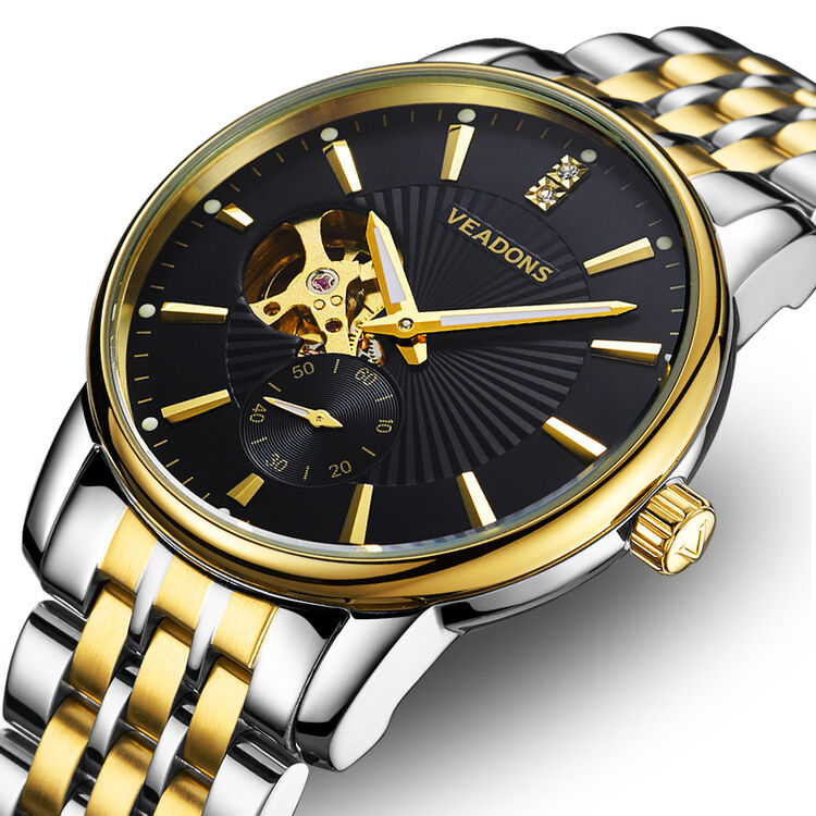 威顿(veadons)手表男士机械表 男表 全自动镂空机械表钟表 商务间金黑