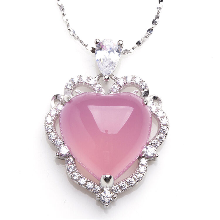荔尚珠宝925银镶嵌粉色玉髓心形吊坠 abx4865