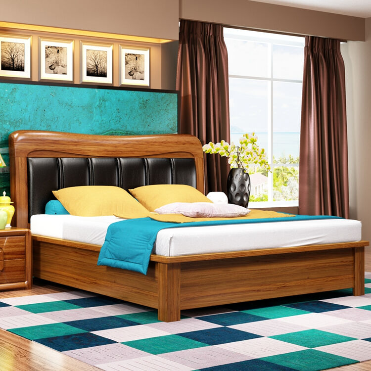 华日 家居金檀色 现代中式实木箱体床 大床 婚床 高箱床家具 1.