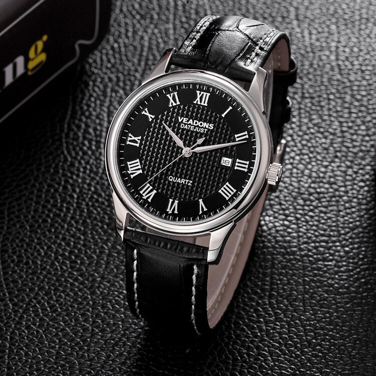 威顿(veadons)男士手表 男表 时尚商务超薄精钢手表男钟表 白壳黑面