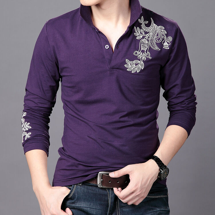 cukeludy2017春装新款帅气演绎男人绣花男士修身长袖t恤男半成熟男装