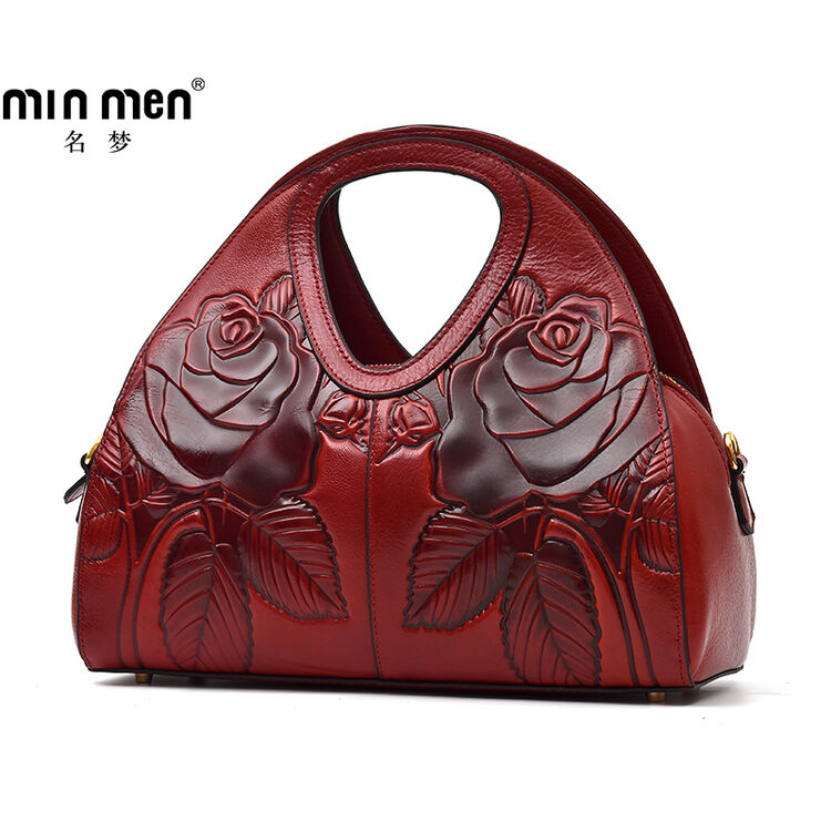 名梦(minmen)单肩包女包民族风压花真皮斜挎包手提包 红色