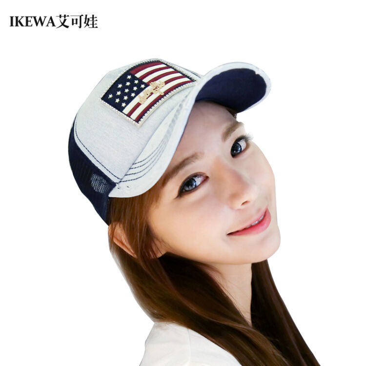 ikewa艾可娃 棒球帽子 韩版镶钻国旗牛仔网帽女款遮阳帽 藏青色