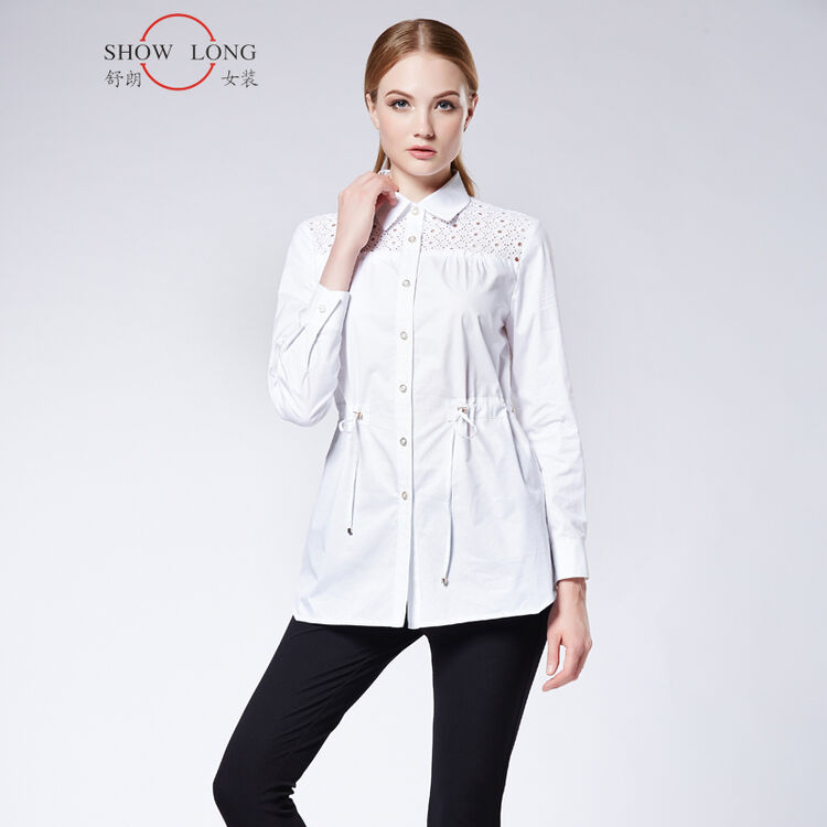 舒朗2018春装新款女装 修身长袖女衬衫白色棉职业衬衣 白色 s(155/80a