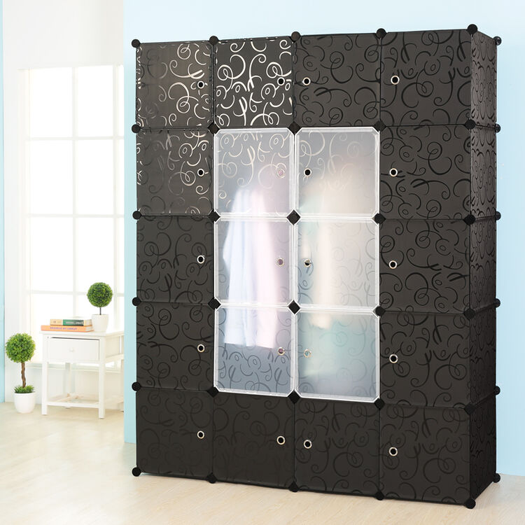 蔻丝自由组合式简易衣柜 钢架折叠组装衣橱 20门14格2挂黑白花 加深【