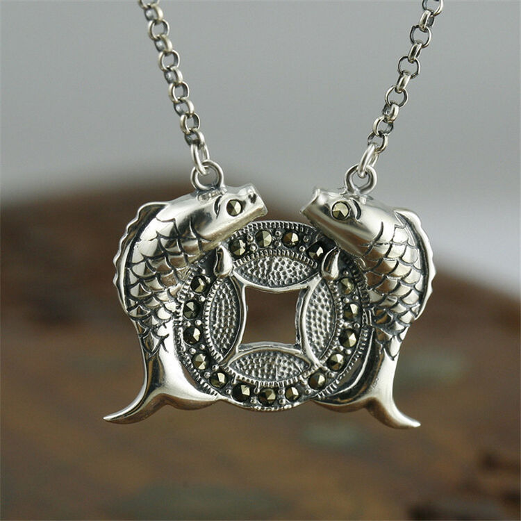 铭伽925银饰品时尚复古银双鱼吊坠项链