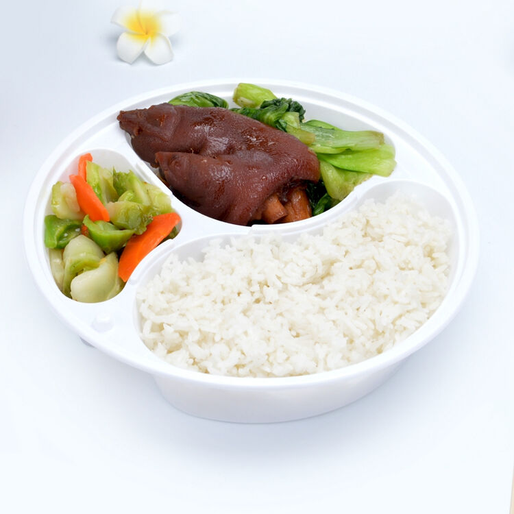 性注塑加厚餐盒分格快餐盒圆形三格四格打包盒便当盒150套 白色三格