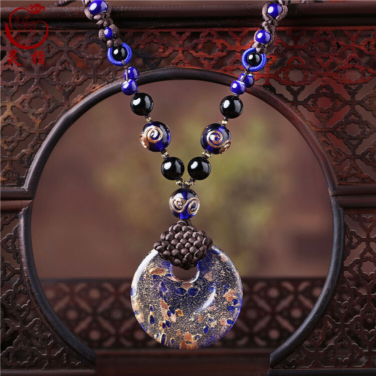 灵指 长款项链毛衣链蓝色琉璃吊坠玛瑙链子民族风复古配饰