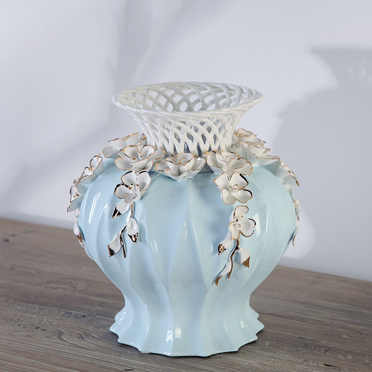 贝汉美(bhm) 地中海式镂空陶瓷花瓶摆件客厅电视柜玄关餐厅办公室桌面
