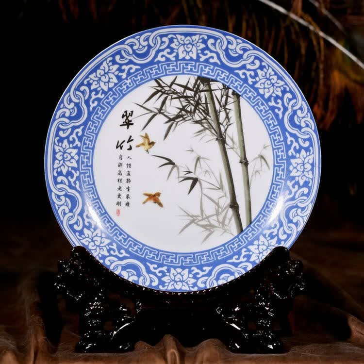 景德镇陶瓷 青花兰花挂盘 装饰挂盘艺术品 装饰摆件瓷盘定制 粉彩翠竹