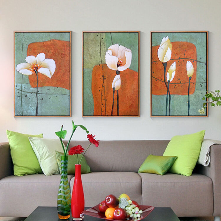 必画 荷花荷叶美式客厅装饰画卧室家居墙壁挂画玄关手绘抽象油画 三联