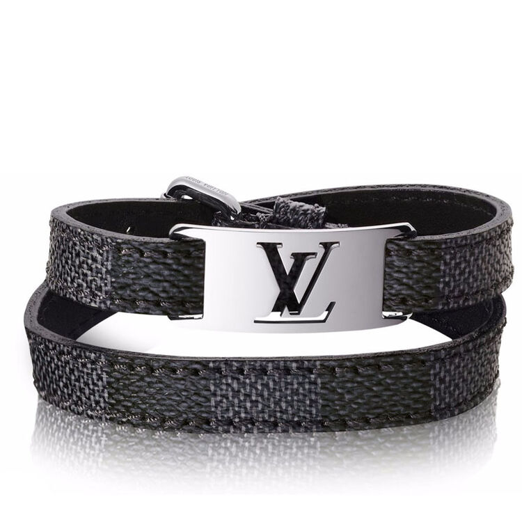 全球购 路易威登lv 男士 damier 帆布小牛皮内衬金属搭扣手环 黑色 19