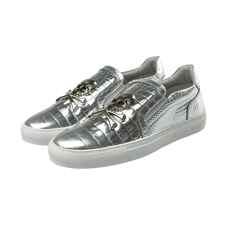 普兰 男士时尚骷髅头亮面休闲鞋 92708 灰色 41