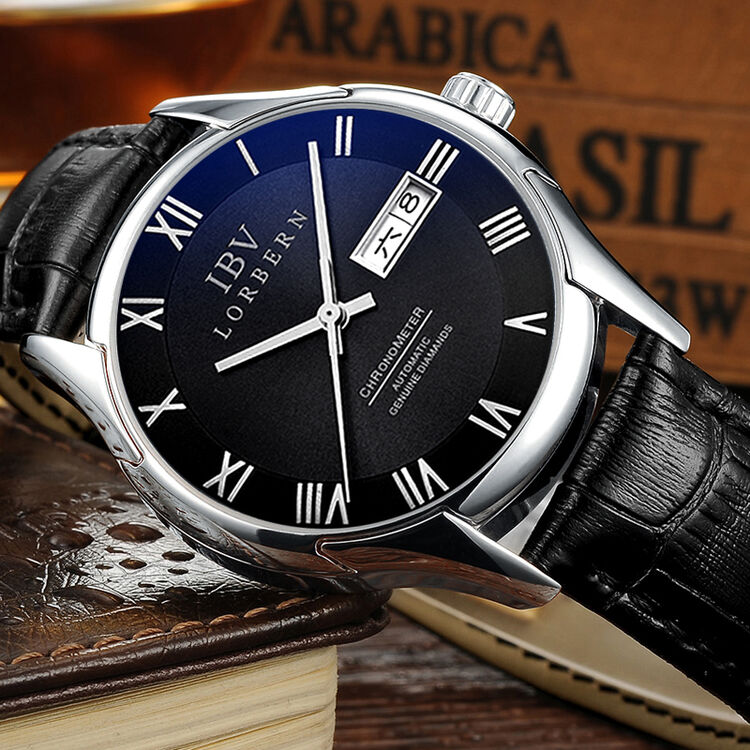 路宝(ibv)手表男士全自动机械表 双日历皮带男士防水手表 8623 银边