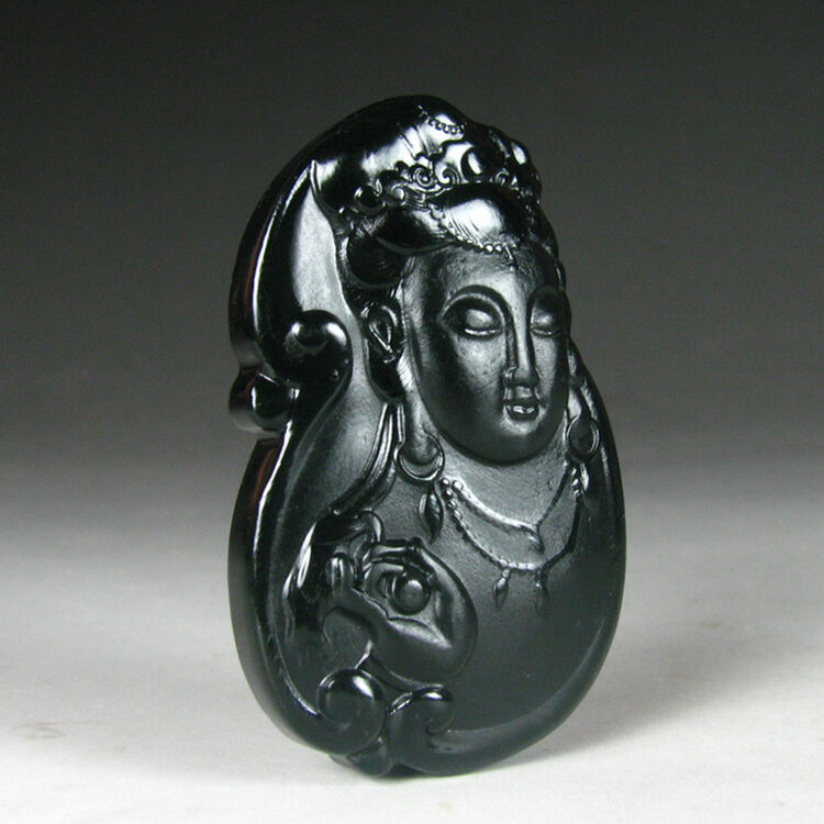 真一 和田玉墨玉吊坠 慈祥观音挂件
