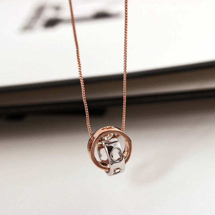 芙雅格 时尚双环戒指项链 镂空爱心玫瑰金色锁骨链女 玫瑰金色链