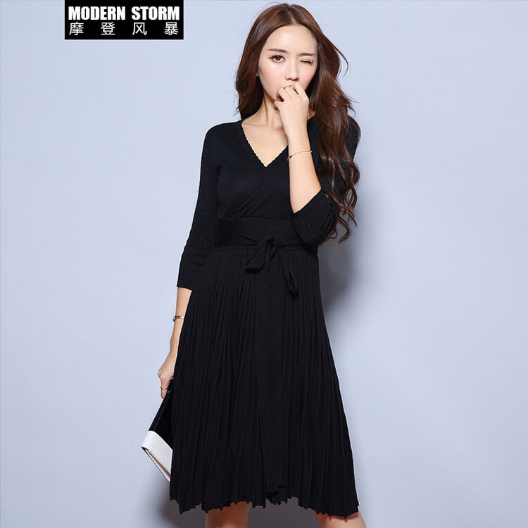 摩登风暴 连衣裙女2016新款秋冬女式v领性感针织裙子中长款七分袖