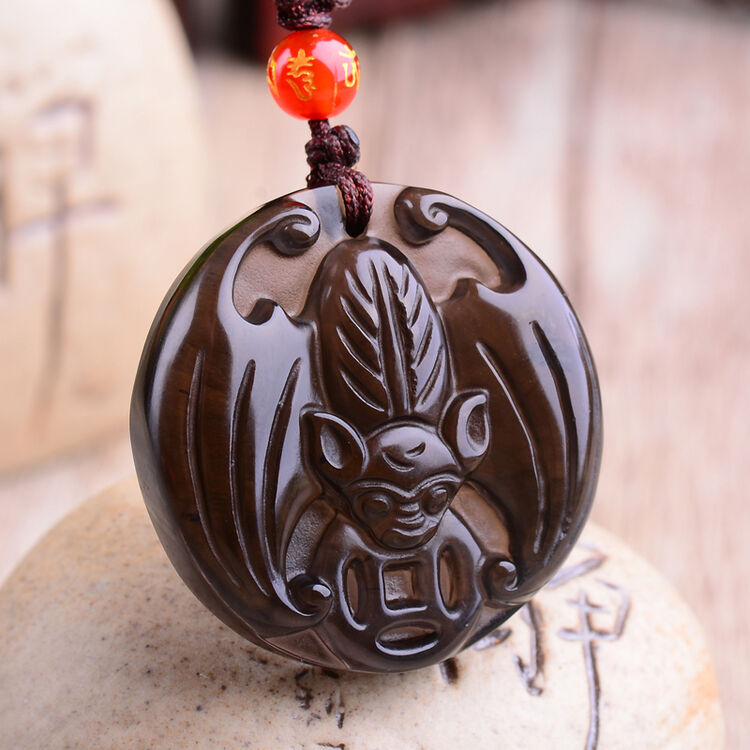 光冰种黑曜石蝙蝠吊坠 福在眼前项链男女款