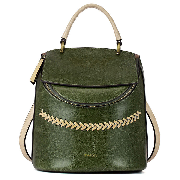 复古怀旧民族风皮绳编织水桶包牛皮手提双肩包 6863011014 墨绿色