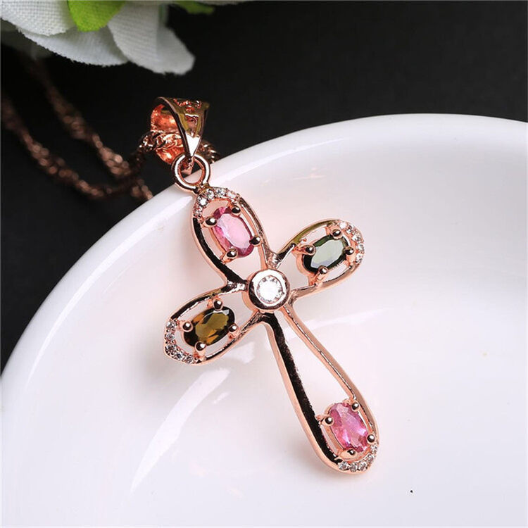 吻饰925银镀玫瑰金镶嵌多彩碧玺十字架吊坠项坠女 时尚手饰品情侣礼物