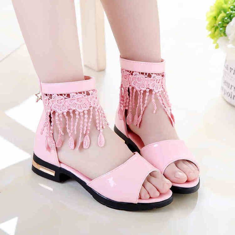 女童流苏凉鞋夏季公主风鱼嘴鞋中大童小学生儿童鞋子 粉红色 35码/内